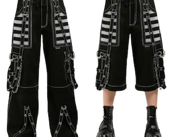 Handmade Gothic Chrome Trousers Punk Studs Chain Black Cotton Pant with White Color Mesh