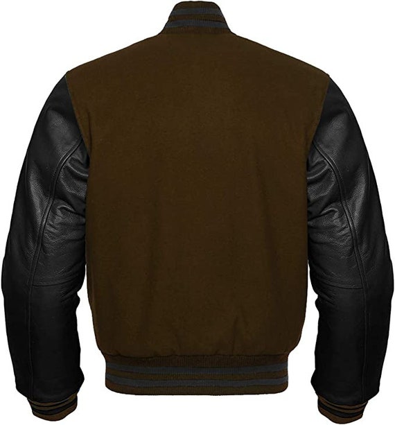 Leather sleeve baseball jacket sale