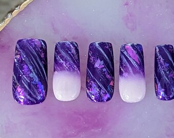 Purple and white marble press on nail set | holographic flakes | glue on nails | custom nails | short or long nail set