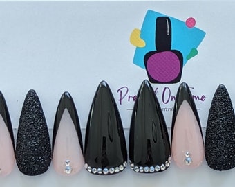 Black V shape french tip press on nail set | glue on nails | custom nail sets | black sugar glitter| classy black french tips