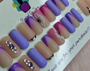 Pink & Lavender French Tip Press On Nails: Acrylic Flowers, Sugar Glitter