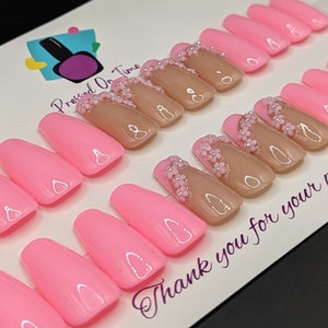 Ready to ship 24 piece medium coffin pink with flowers press on set | spring nails | glue on nails | pink frenchies | easter nails