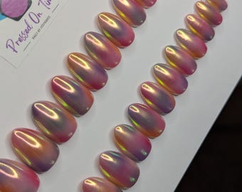 Multicolor Aura Chrome Press On Nails: Short Almond 24 Piece Set