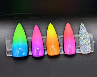 Colorful Neon ombre with pixie crystals custom press on nail set