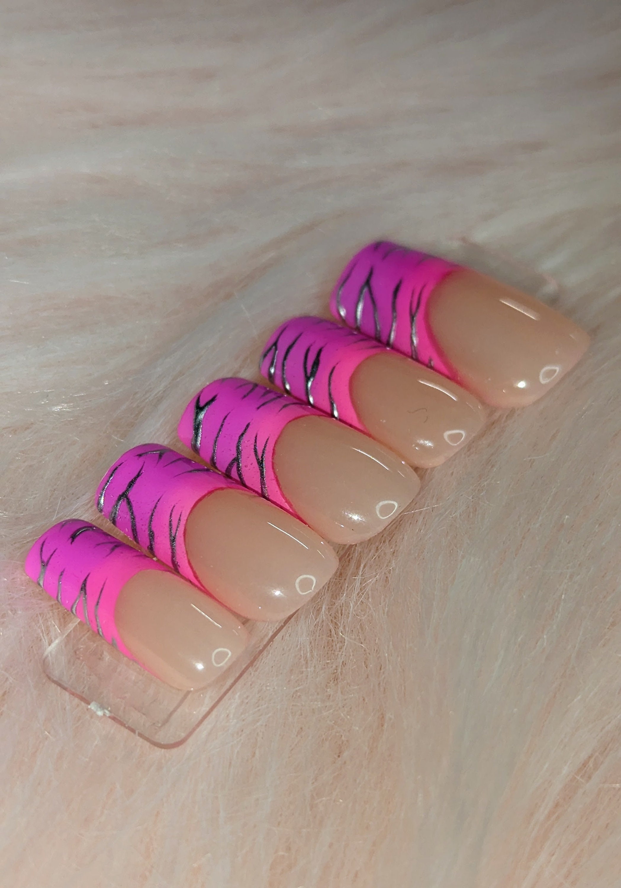 Pink ombre french tip press on nails | metallic tiger stripe nails  | glue on nails | custom nail sets