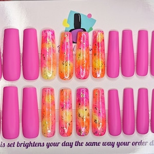 Ready to ship pink,orange,yellow marble XXL square press on nails | glue on nails | handmade | 24 piece set | alcohol ink nail art