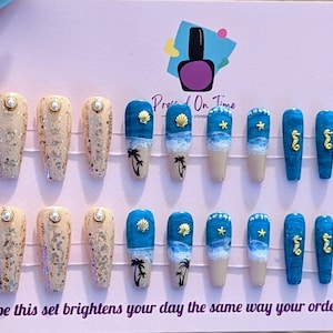 Ready to ship 20 piece long coffin beach press on nail set | glue on nails | summer nails | handmade | island nails | ocean nails