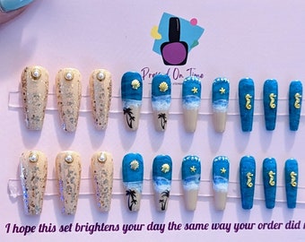 Ready to ship 20 piece long coffin beach press on nail set | glue on nails | summer nails | handmade | island nails | ocean nails