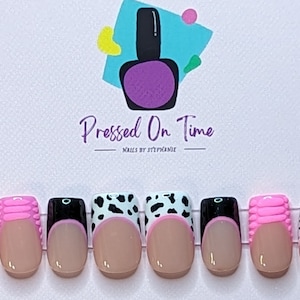 Animal print frenchies press on nail set | cow print | zebra print | glue on nails | reusable fake nails | black,white and pink nail set