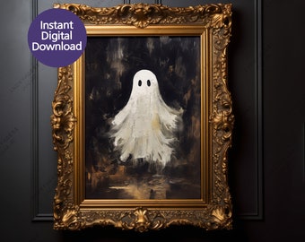 Puede incluir: Un fantasma blanco con dos ojos está pintado en un lienzo oscuro en un marco dorado adornado. El fantasma está representado en un estilo brumoso y etéreo, con una forma suave y fluida. La pintura se coloca sobre un fondo oscuro, creando una sensación de misterio e intriga.