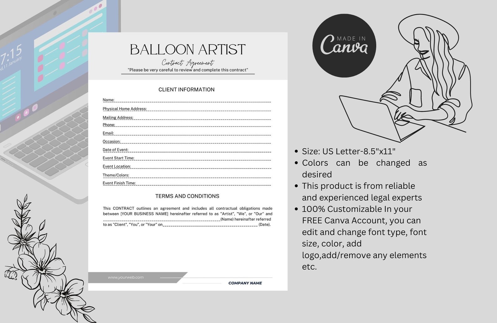 Balloon Artist Contract Template Balloon Decor Contract Etsy
