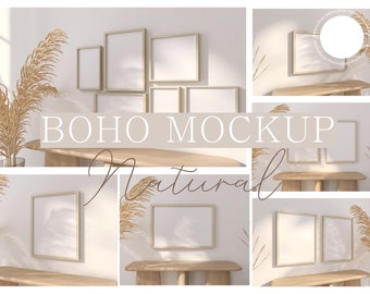 8 Frame Mockup Bundle, Art Print Mockups, Gallery Wall Mockups, Simple Boho Mockups, Natural Light, Soft Vintage interior | Download JPG