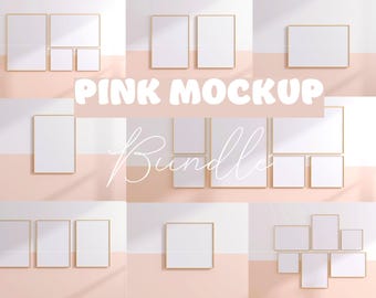 8 Frame Mockup Bundle| Pink background | Mock up Bundle |  Wall Art Mockup, Poster Mock up, Minimalist Template Frame | JPG Digital Download