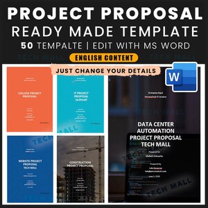 May include: A collection of project proposal templates for Microsoft Word. The templates are designed for various projects, including college, IT, website, construction, and data center automation. The templates feature a blue and white color scheme with the text "TECH MALL" on each page.