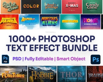 May include: A collection of 1000+ Photoshop text effects in a bundle. The text effects are fully editable and use smart objects. The image shows a variety of text effects, including "Retro Label", "Color", "Season's Greetings", "Merry X-Mas", "Candy Cane", "Kong Fu Panda", "Alpha Omega", "Monstars vs Aliens", "Minions", "Home", "The Flinstones", "The Hobbie", "Thor", "Beach Party", "Pool", "BBQ", "Sweet!" and "Munch!"