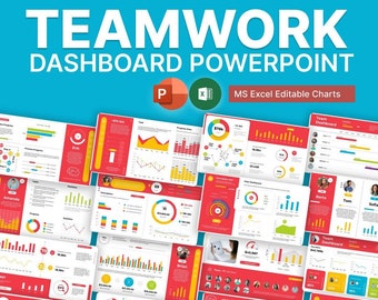 Könnte beinhalten: Eine farbenfrohe PowerPoint-Vorlage mit Diagrammen und Grafiken für ein Teamwork-Dashboard. Die Vorlage ist in den Farben Rot, Gelb und Weiß gehalten und enthält Symbole von Personen, Gehirnen und Glühbirnen. Der Text "Team-Dashboard" erscheint auf mehreren Folien.