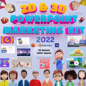 Puede incluir: Un kit de marketing colorido para presentaciones de PowerPoint con 28 m&oacute;dulos y m&aacute;s de 4.000 activos. El kit incluye gr&aacute;ficos 2D y 3D, iconos y plantillas. El texto "TECHMALL 2D & 3D POWERPOINT MARKETING KIT 2022" se muestra en letras grandes y en negrita.