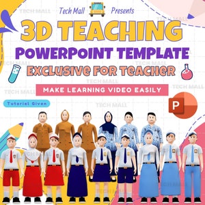 Könnte beinhalten: Eine bunte Illustration eines Schulbusses mit dem Text "Tech Mall Presents 3D Teaching PowerPoint Template Exclusive for Teacher Make Learning Video Easily" und einem PowerPoint-Logo. Das Bild zeigt auch eine Gruppe von 3D-Cartoon-Kindern in Schuluniformen.