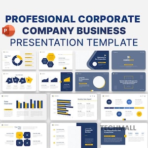May include: A presentation template for a company business. The template features a blue and yellow colour scheme with a variety of charts, graphs, and diagrams. The text "PROFESSIONAL CORPORATE COMPANY BUSINESS PRESENTATION TEMPLATE" is at the top of the image. The text "CORPORATE" is in a blue box with a yellow arrow pointing to the right. The text "Welcome To Our Corporation" is in a blue box with a yellow circle in the centre. The text "Lead The Co-Organization Team" is in a blue box with a yellow circle in the centre. The text "Monthly Data Report" is in a blue box with a yellow bar chart. The text "Corporate Service" is in a blue box with a yellow circle in the centre. The text "TECHMALL The Startup Process Takes A Long Period" is in a blue box with a yellow bar chart. The text "7,452 85% 9.7" is in a blue box with a yellow circle in the centre.