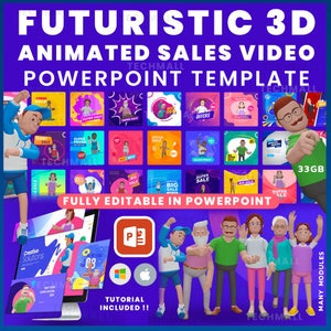 May include: A colorful PowerPoint template with 3D animated characters for creating sales videos. The template includes 33GB of content and is fully editable in PowerPoint. The template features a variety of scenes and characters, including a man in a blue shirt, a woman in a red dress, and a group of people in casual clothing. The template also includes a variety of text boxes and graphics that can be customized to fit your needs.