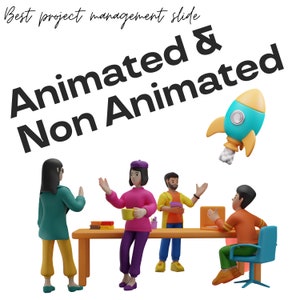 May include: Four cartoon characters, two women, one man, and one boy, are sitting around a table. The characters are all wearing different colored clothing. A rocket ship is flying above them. The text "Animated & Non Animated" is in the background.