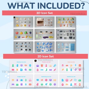 Puede incluir: Una colecci&oacute;n de iconos 3D y 2D en varias categor&iacute;as, que incluyen negocios, moda, comida, dispositivos, marketing y medicina. Los iconos son coloridos y presentan una variedad de dise&ntilde;os.