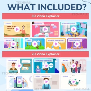 Puede incluir: Una infograf&iacute;a colorida que muestra diferentes tipos de servicios de video explicativo 3D y 2D. La infograf&iacute;a incluye im&aacute;genes de personas, objetos y texto. El texto incluye las palabras "What Included?", "3D Video Explainer", "2D Video Explainer", "General", "Web Services", "Furniture/Properties", "Skin Care", "Travel", "Animation Video Services", "Wedding Services", "UI/UX services", "Online Doctor Consultation", "Property", "Website & Apps Services", y "Pet Shop".