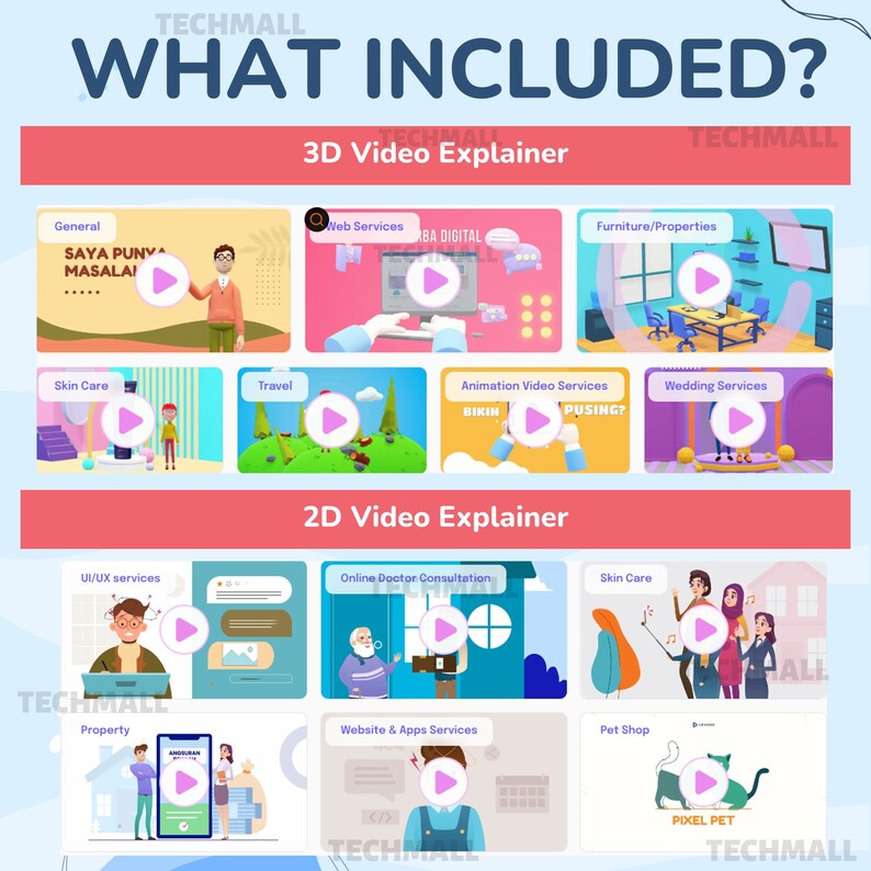 Puede incluir: Una infograf&iacute;a colorida que muestra diferentes tipos de servicios de video explicativo 3D y 2D. La infograf&iacute;a incluye im&aacute;genes de personas, objetos y texto. El texto incluye las palabras "What Included?", "3D Video Explainer", "2D Video Explainer", "General", "Web Services", "Furniture/Properties", "Skin Care", "Travel", "Animation Video Services", "Wedding Services", "UI/UX services", "Online Doctor Consultation", "Property", "Website & Apps Services", y "Pet Shop".