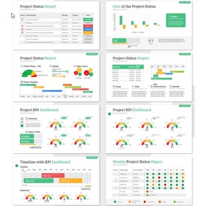 May include: A set of project management slides with charts and graphs. The slides include a project status report, a cost of the project status, a project KPI dashboard, a timeline with KPI dashboard, and a weekly project status report.