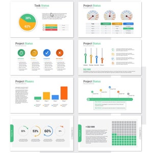 May include: A presentation slide deck with various charts and graphs depicting project status, phases, and tasks. The charts include pie charts, bar graphs, progress bars, and a speedometer. The slides also include text boxes with headings such as "Project Status", "Task Status", and "Project Phases".