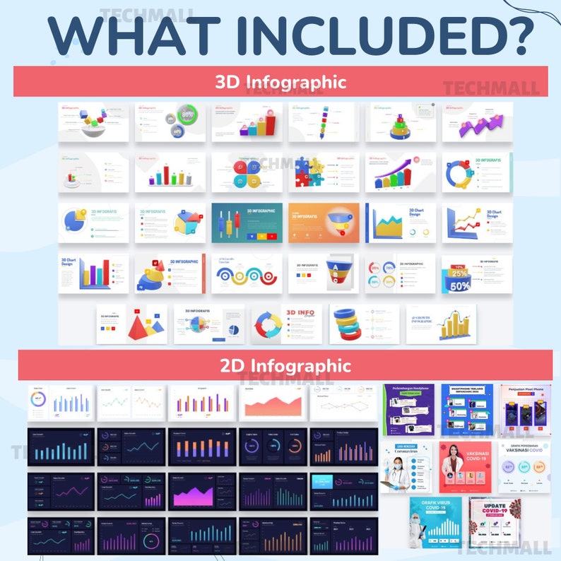 Puede incluir: Una colecci&oacute;n de plantillas de infograf&iacute;as 3D y 2D para presentaciones. Las plantillas presentan varios estilos de gr&aacute;ficos, incluyendo gr&aacute;ficos circulares, gr&aacute;ficos de barras, gr&aacute;ficos de l&iacute;neas, y m&aacute;s. El esquema de color es brillante y colorido, con una mezcla de rojo, azul, verde y amarillo.
