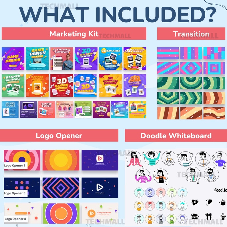 Puede incluir: Un gr&aacute;fico colorido que muestra los diferentes elementos incluidos en un kit de marketing. El kit incluye gr&aacute;ficos para redes sociales, aperturas de logotipos, transiciones y elementos de pizarra de garabatos. El texto "WHAT INCLUDED?" est&aacute; en la parte superior de la imagen.