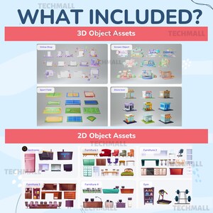 Puede incluir: Una ilustraci&oacute;n digital de objetos 3D y 2D para usar en un mundo virtual. Los objetos 3D incluyen una tienda, una pantalla y un campo deportivo. Los objetos 2D incluyen muebles, un gimnasio y dispositivos electr&oacute;nicos.