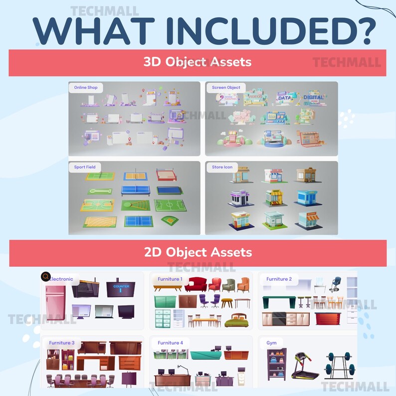 Puede incluir: Una ilustraci&oacute;n digital de objetos 3D y 2D para usar en un mundo virtual. Los objetos 3D incluyen una tienda, una pantalla y un campo deportivo. Los objetos 2D incluyen muebles, un gimnasio y dispositivos electr&oacute;nicos.