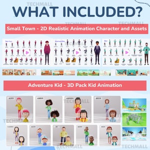 Puede incluir: Una ilustraci&oacute;n colorida que muestra personajes animados en 2D y 3D. Los personajes 2D est&aacute;n en varias poses e incluyen un chico adolescente, un hombre de negocios y un hombre. Los personajes 3D son ni&ntilde;os en varias poses e incluyen a Alice, Amber, Andara, Bella, Claudia, David, Ed, Mario y Noan. El texto "WHAT INCLUDED?" est&aacute; en la parte superior de la imagen. El texto "Small Town - 2D Realistic Animation Character and Assets" est&aacute; debajo de los personajes 2D. El texto "Adventure Kid - 3D Pack Kid Animation" est&aacute; debajo de los personajes 3D.