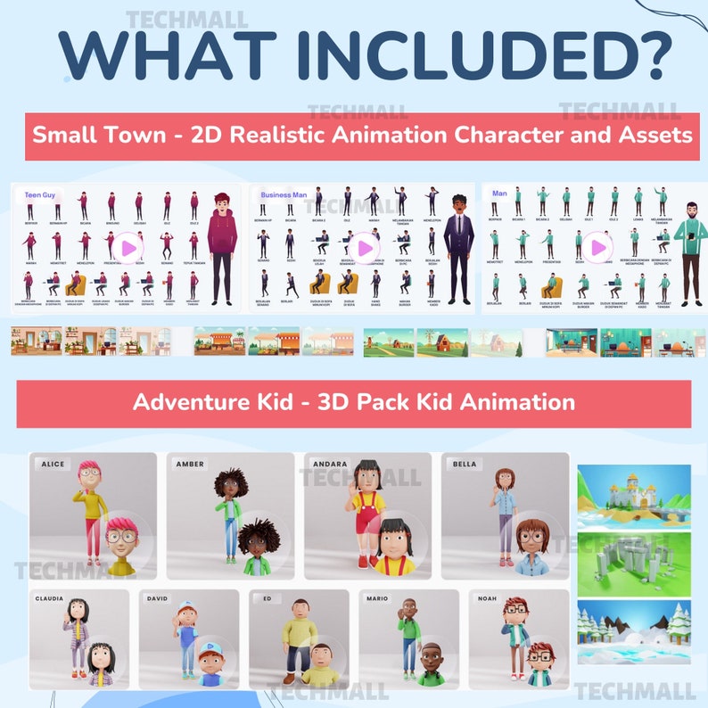 Puede incluir: Una ilustraci&oacute;n colorida que muestra personajes animados en 2D y 3D. Los personajes 2D est&aacute;n en varias poses e incluyen un chico adolescente, un hombre de negocios y un hombre. Los personajes 3D son ni&ntilde;os en varias poses e incluyen a Alice, Amber, Andara, Bella, Claudia, David, Ed, Mario y Noan. El texto "WHAT INCLUDED?" est&aacute; en la parte superior de la imagen. El texto "Small Town - 2D Realistic Animation Character and Assets" est&aacute; debajo de los personajes 2D. El texto "Adventure Kid - 3D Pack Kid Animation" est&aacute; debajo de los personajes 3D.