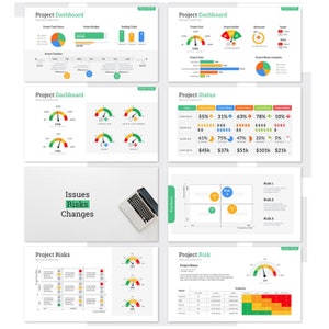 May include: A project dashboard with charts and graphs showing project status, budget, and tasks. The dashboard also includes a risk matrix and a project risk assessment.