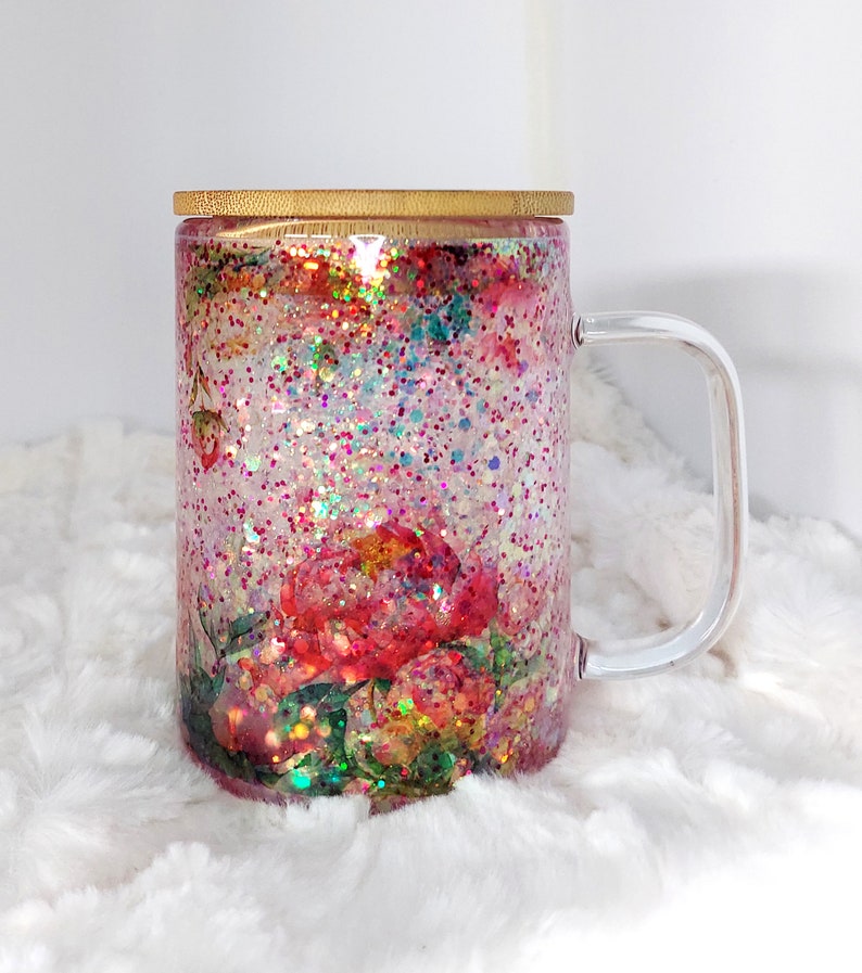 15 Oz Glass Glitter Globe Peony Snow Globe Coffee Mug Etsy