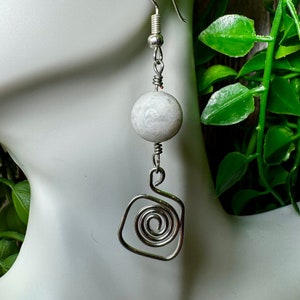 White Howlite Wire Wrapped Earrings - bohemian eclectic style - gift for her - hand woven plated wire - hypoallergenic - geometric abstract