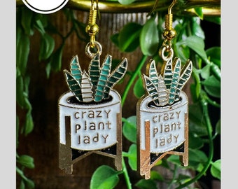 House plant earrings - enameled metal jewelry - nature lover - teacher gift for her - monstera snake pothos succulent cactus botanical cute