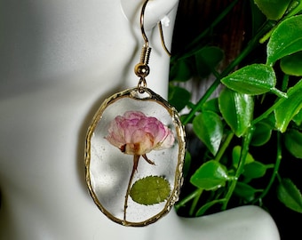 Pressed pink rose earrings - Hand poured resin - gifts for her - fine jewelry - valentines day - birthday - pink blossom - gold silver bezel