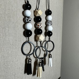 Animal print wooden bead lanyard  - teacher nurse retail appreciation gift - badge holder - zebra cow cheetah - neutral boho leather string