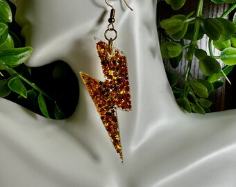 Lightning Bolt Earrings - hand poured resin - percy jackson david bowie  elvis - thunder storm nature - TCB - lightning mcqueen - rock star
