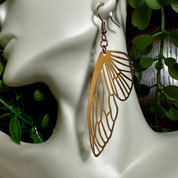 Gold cicada wing earrings! - laser cut metal - insect butterfly dragonfly locust Egyptian statement jewelry - bohemian lightweight jewelry
