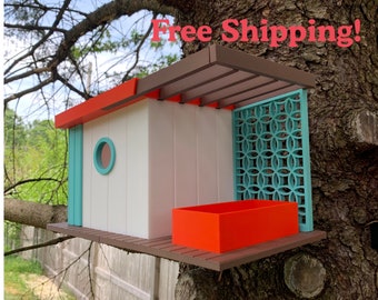 Custom 3D printed birdhouses and bird feeders - mid century modern designs