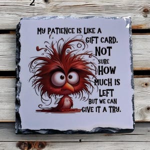 May include: A decorative slate tile with a cartoon image of a red, angry bird. The text reads, "MY PATIENCE IS LIKE A GIFT CARD. NOT SURE HOW MUCH IS LEFT BUT WE CAN GIVE IT A TRY."
