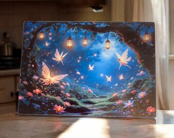 May include: A glass cutting board with a whimsical fairy scene. The image features a moonlit forest with glowing lanterns, fairies flying through the air, and pink flowers.