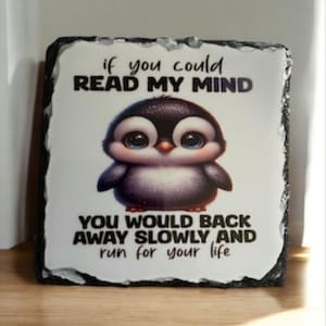 May include: A decorative slate sign featuring a cartoon penguin with large blue eyes. The sign has the text "if you could read my mind, you would back away slowly and run for your life."
