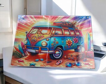 Colourful Camper Van Glass Worktop Saver, Heat Resistant Chopping Board (28cm x 20cm)