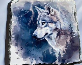 May include: A white wolf with blue eyes is depicted in a watercolor style against a dark blue background with lightning bolts. The wolf is looking to the left of the image. The background also features a forest of dark blue trees.